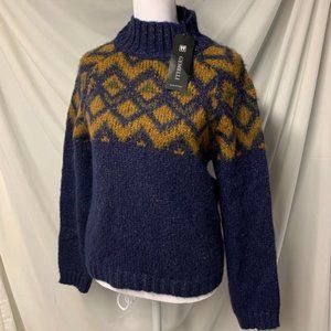 Gemelli Mock neck Fair Isle blue and orange sweater wool blend New